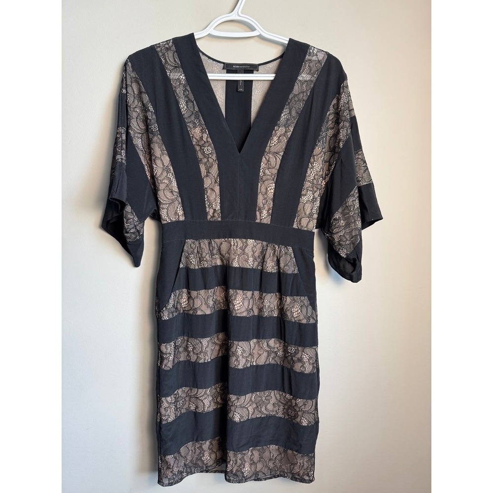 BCBGMAXAZRIA Habor Silk Lace V-Neck Mini Dress XXS Black Nude Chic Party Glam